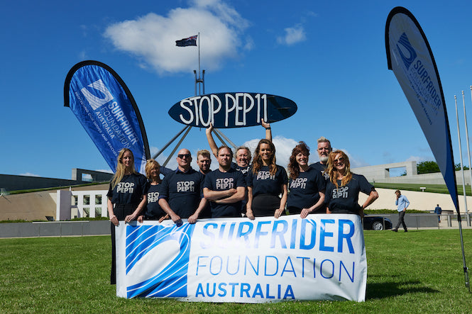 To vote climate in you need to vote gas out. The crew from Surfrider and Surfers For Climate visited Parliament House in late 2020 to lobby against the PEP11 gas development. They eventually won. Photo Ben Cook