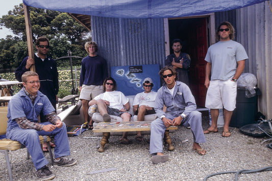 Opening image: An early group shot out the back of the shed in Ventura (Fletch standing in the doorway).