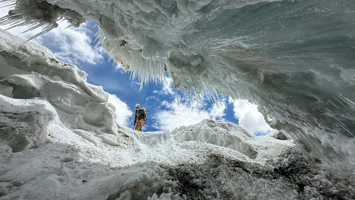 About a month before the climb, Cody Winckler scoped a potential bivy in a bergschrund during an acclimatization outing. Photo: Dane Steadman