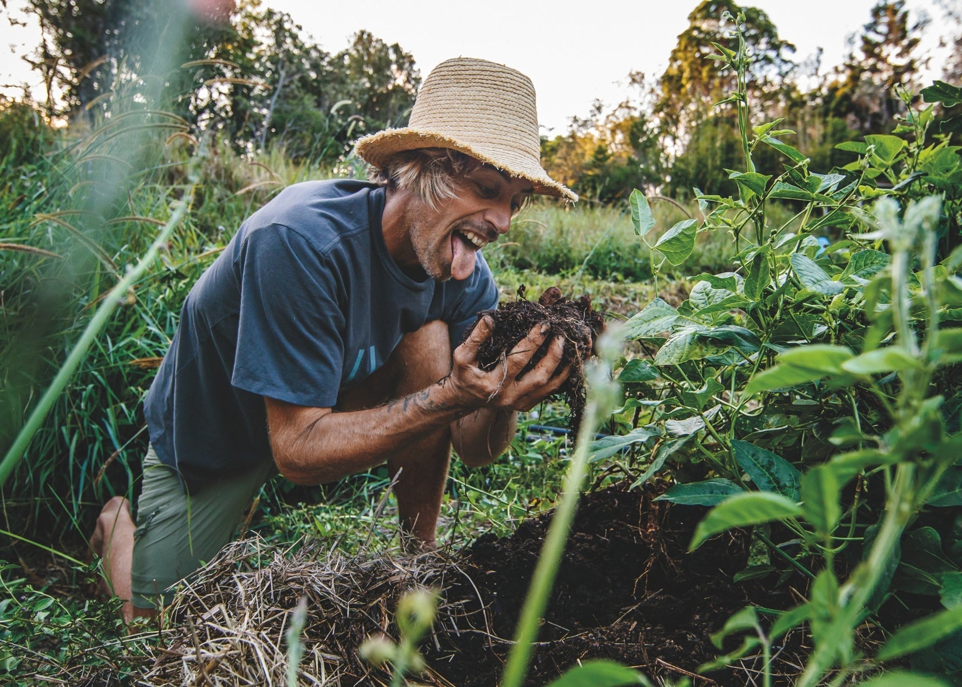 Opening image: Dave Rastovich is very much part of the biological soil network in his North Coast garden. Photo Christa Funk