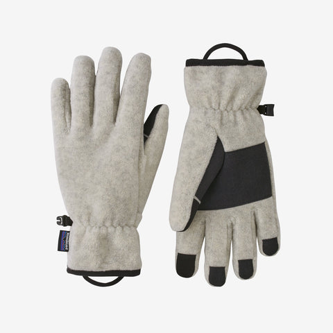 Oatmeal Synchilla fleece gloves shown in palm and back views with black palm patch, fingertip tips, wrist strap and loop