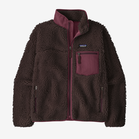 Brown Patagonia Women's Retro-X fleece jacket, front view, with maroon collar, chest pocket, and zip details
