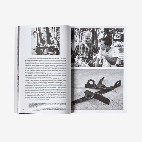 Open paperback of Let My People Go Surfing showing black-and-white photos of men at a forge and climbing pitons with text