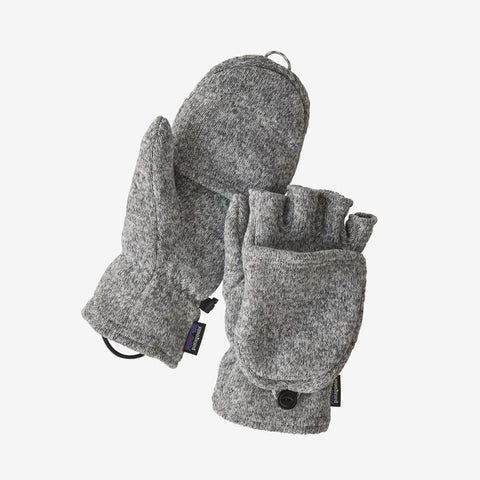 Grey heathered fleece gloves shown as mitten and fingerless style with snap button and Patagonia logo tag